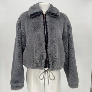 Elevenses Anthropology Slate Faux Fur Jacket M Cozy Chic Cropped Quiet Luxury
